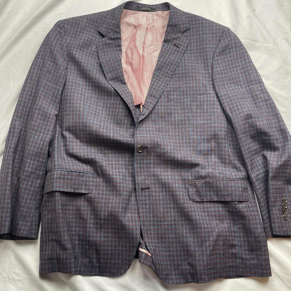 Allen Edmonds Summertime Blazer Sportcoat Dual Bent Modern 46R Check Blue